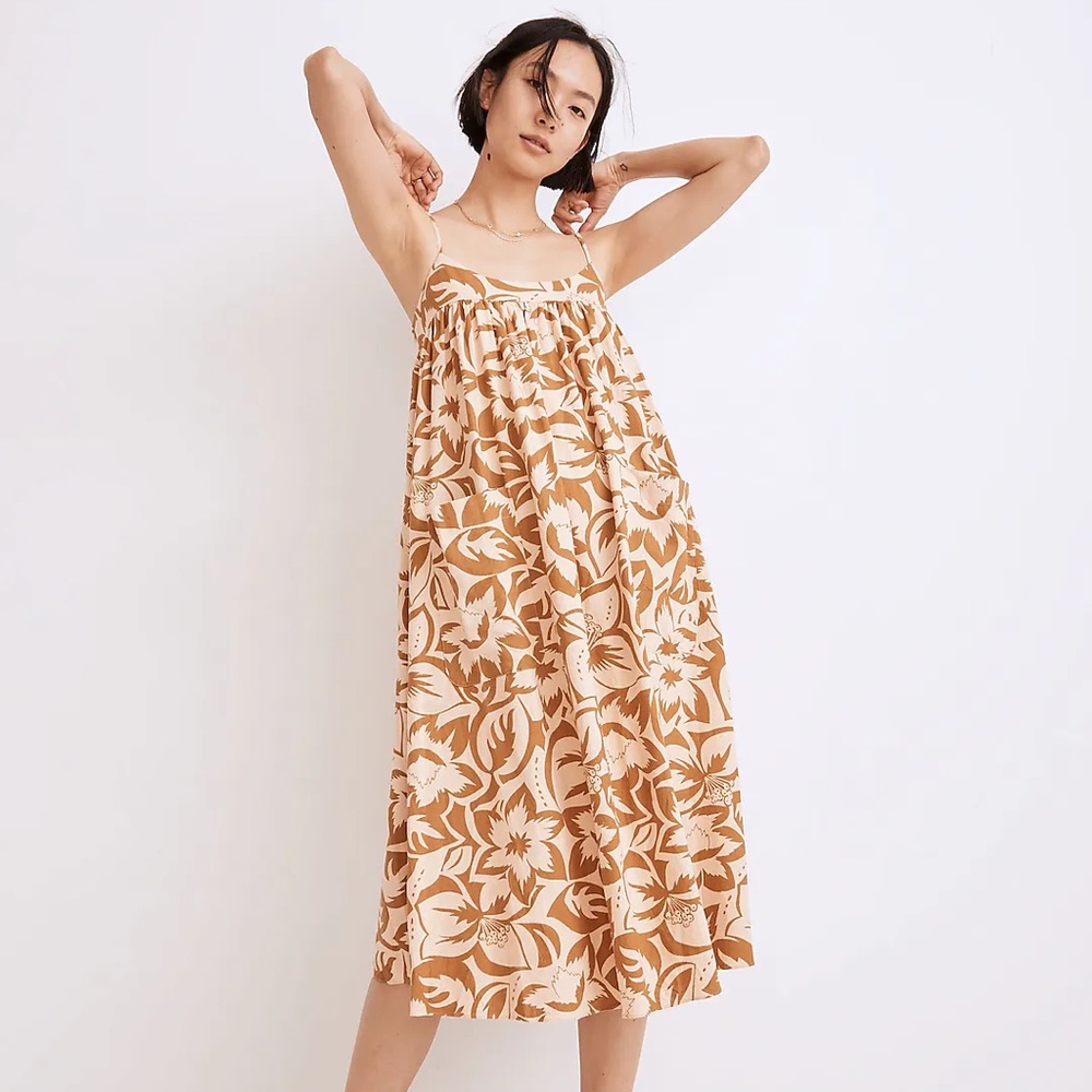NWT Madewell Linen-Blend Cami Midi Dress in Tropicale Floral Cream Brown Floral